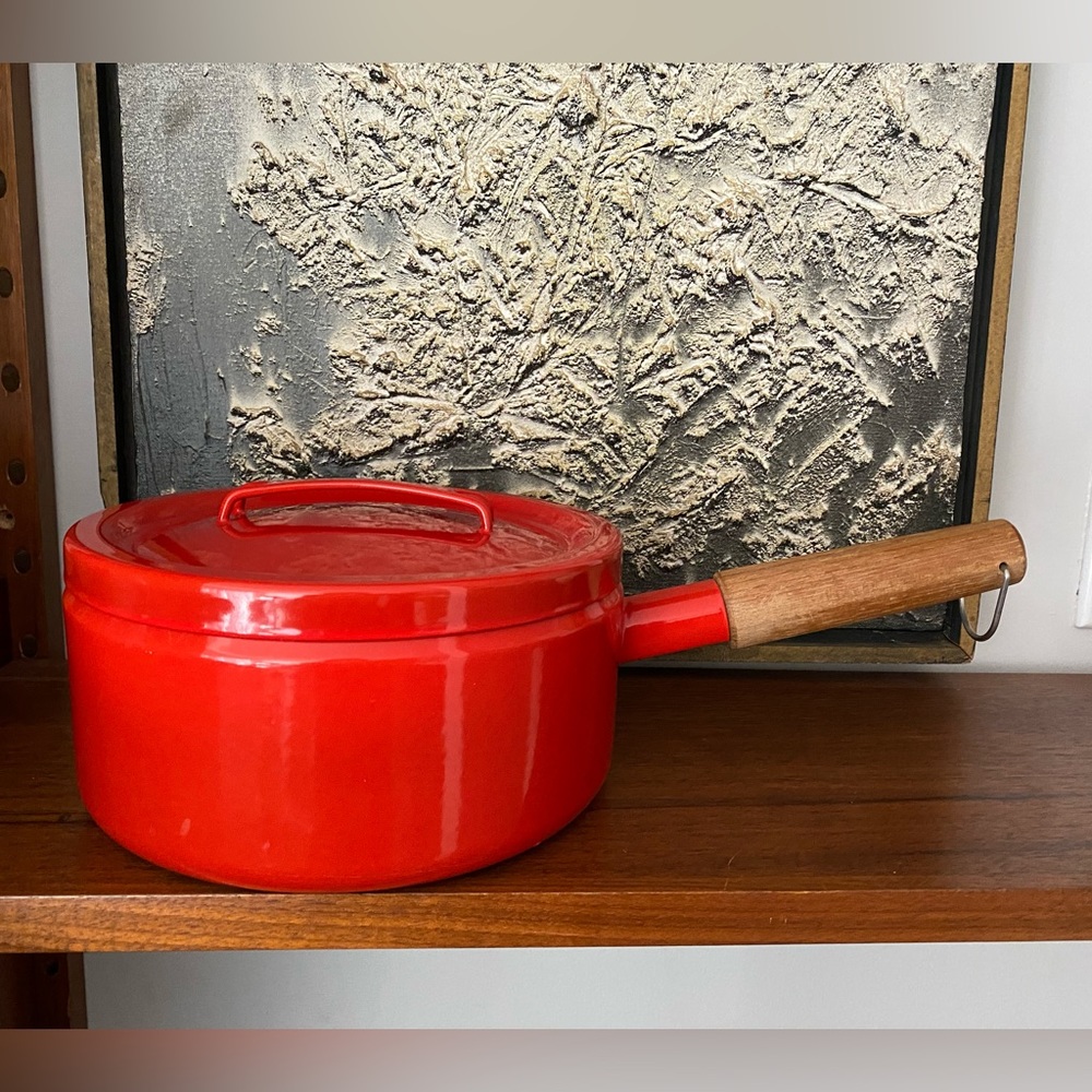 SOLD!! Bright Red Retro Mid-Century MCM Finel Kobenstyle Teak Enamel Pot & Lid